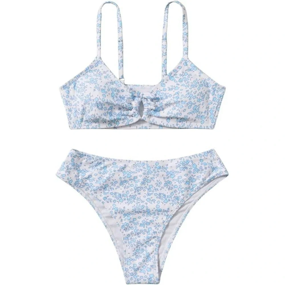 MSRP $39 COZYEASE Girls' 12Y 2 Piece Ditsy Floral Print Knot Front Ruched Trian